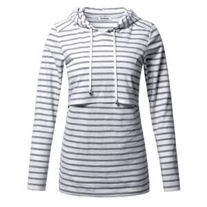 Ginkana Gray/White Striped Long Sleeve Hooded Cotton Breastfeeding Shirt Size XL